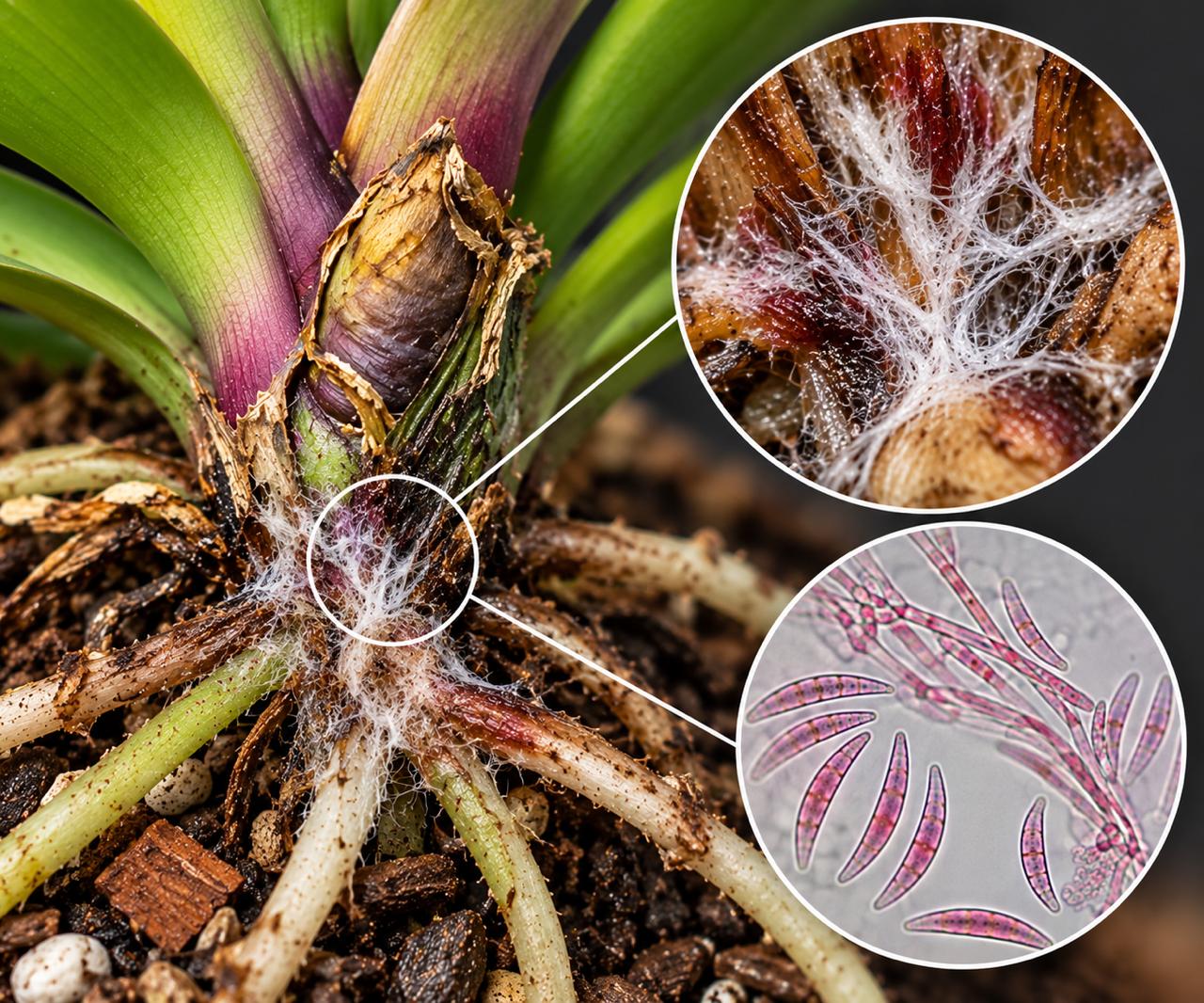 Base e raízes de orquídea escurecidas com presença de fungo