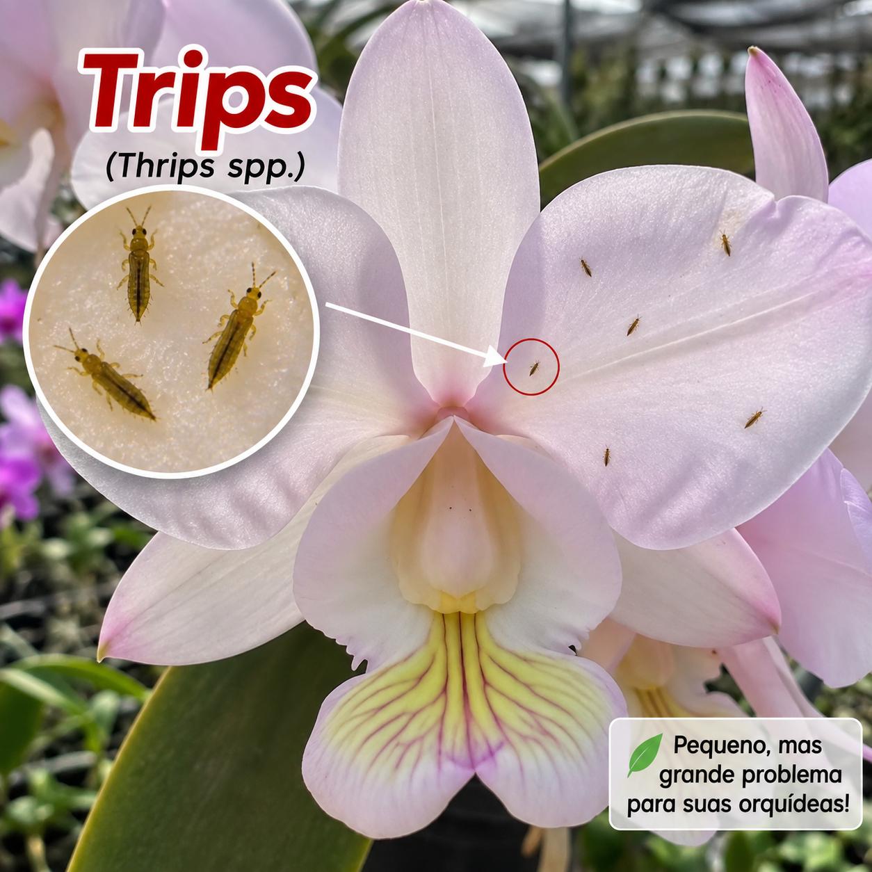 Flor de orquídea com tripes sobre as pétalas